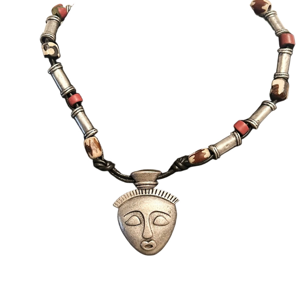 Chico's Silver Tribal Face Pendant Necklace Brown Accents